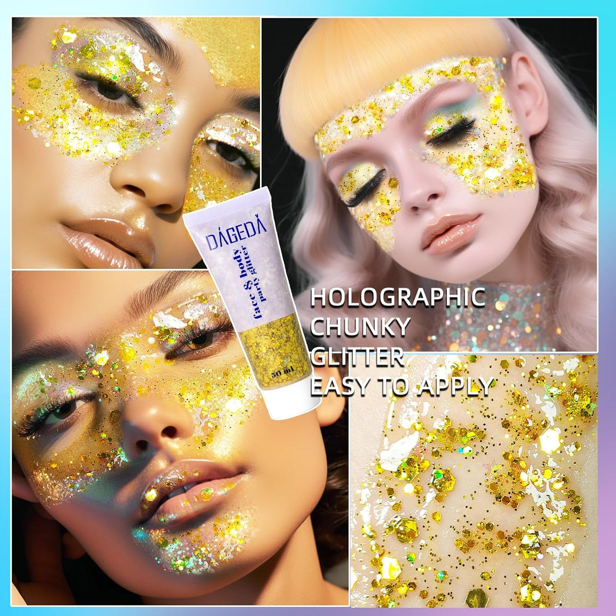 DAGEDA Body Glitter Gel, Face Glitters Body Gel Sequins Shimmer Liquid Eyeshadow, Chunky Glitter