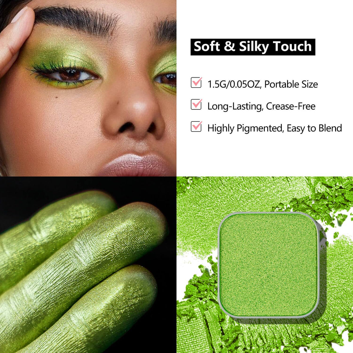 Shimmer Single Eyeshadow Fresh Light Green with Soft Glow Finish, Blendable Powder, Magnetic Pan