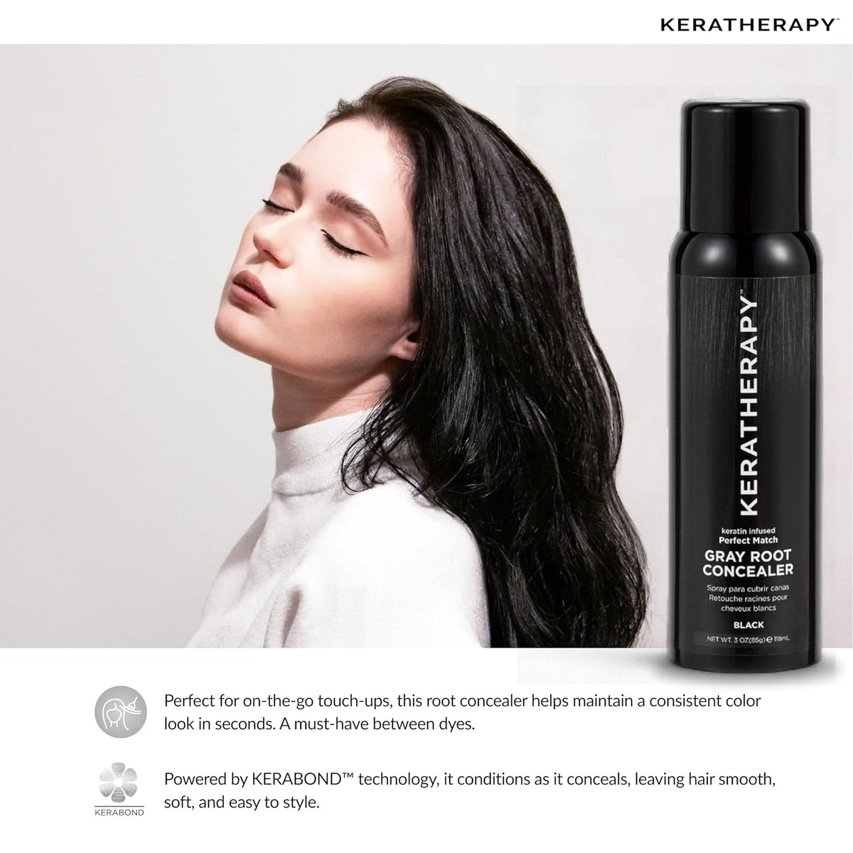 Keratherapy Keratin Infused Perfect Match Gray Root Concealer Spray, Black, 3 oz, 118 ml - Root