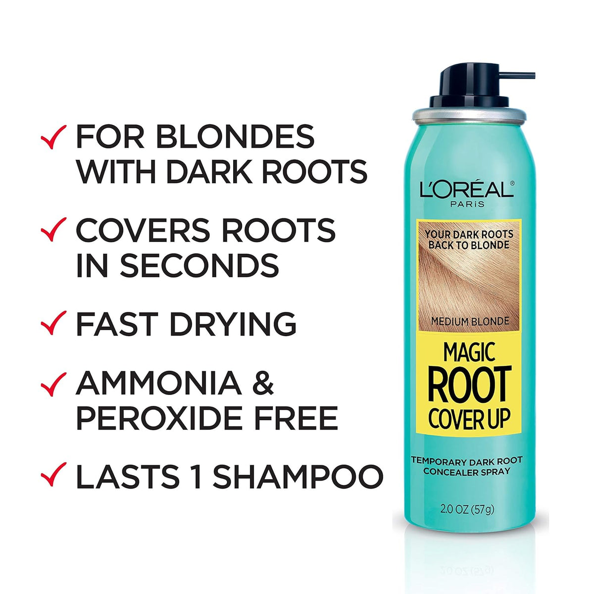 L'Oreal Paris Magic Root Cover Up Concealer Spray for Blondes, Medium Blonde, 2 fl. oz., Ammonia