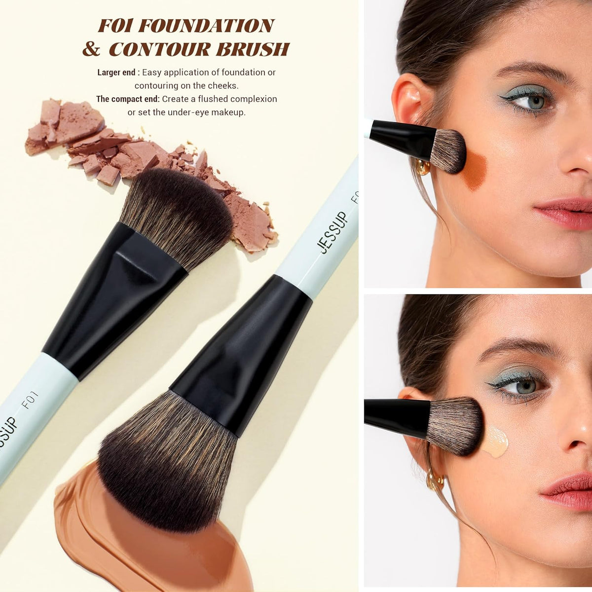 Jessup Face Makeup Brushes with Makeup Sponge, 3pcs Double Ended Makeup Brush for Foundation