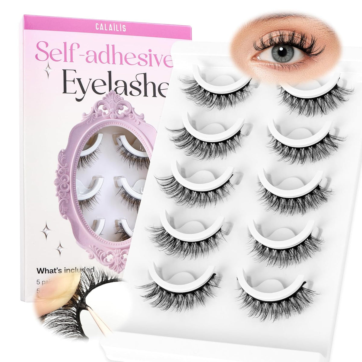 CALAILIS Self Adhesive Eyelashes 5 Pairs Natural Look Press On Lashes No Glue Need Eyelashes