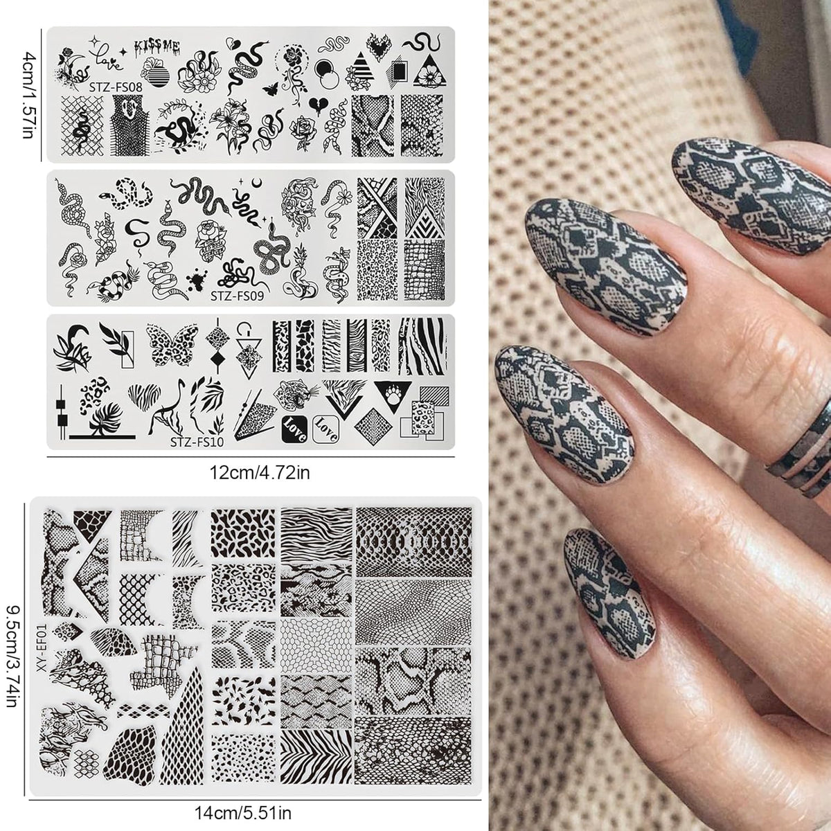 4pcs Snake Leopard Print Nail Stamping Plate Stencil with French Tip Nail Stamper Kit Reusable