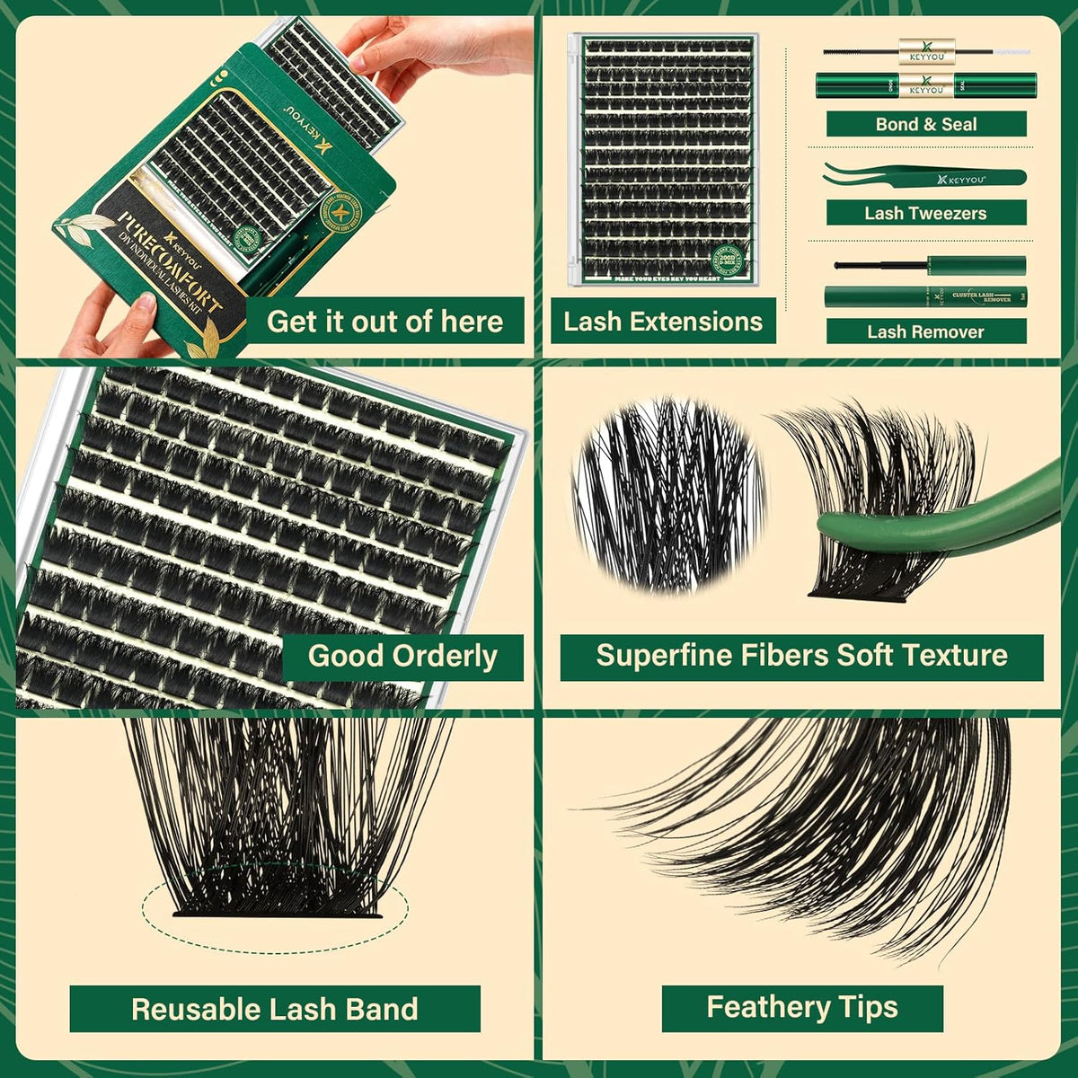 KEYYOU Lash Clusters Kit 182pcs Thick Volume Lash clusters 200D D Curl Wispy Easy to Apply with