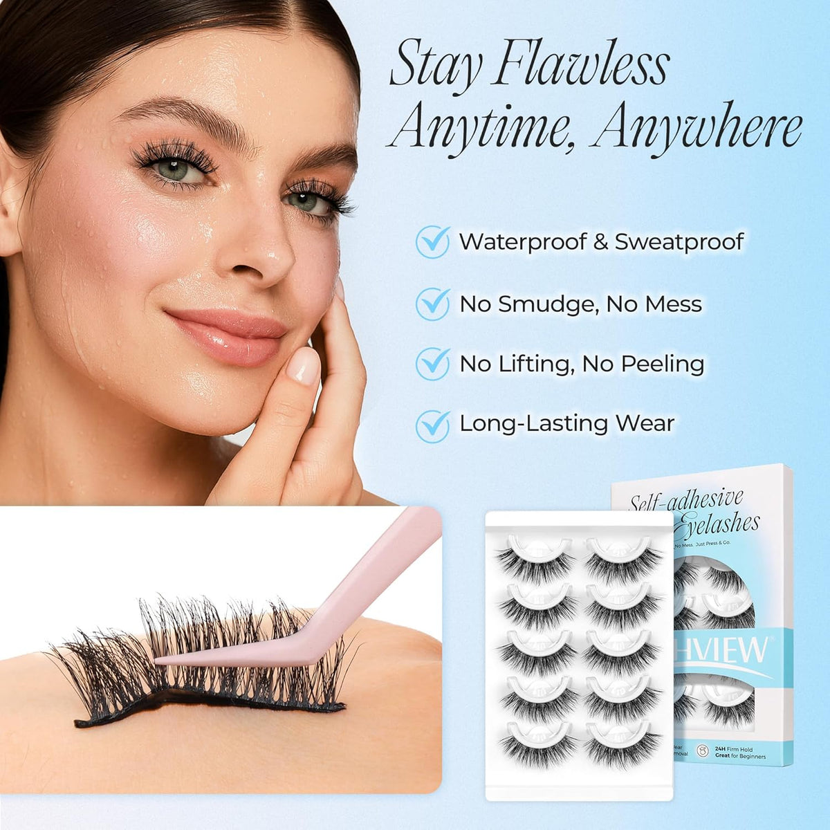 LASHVIEW Self Adhesive Eyelashes 5 Pairs Cat Eye Wispy Self-adhesive False Lashes Reusable Natural