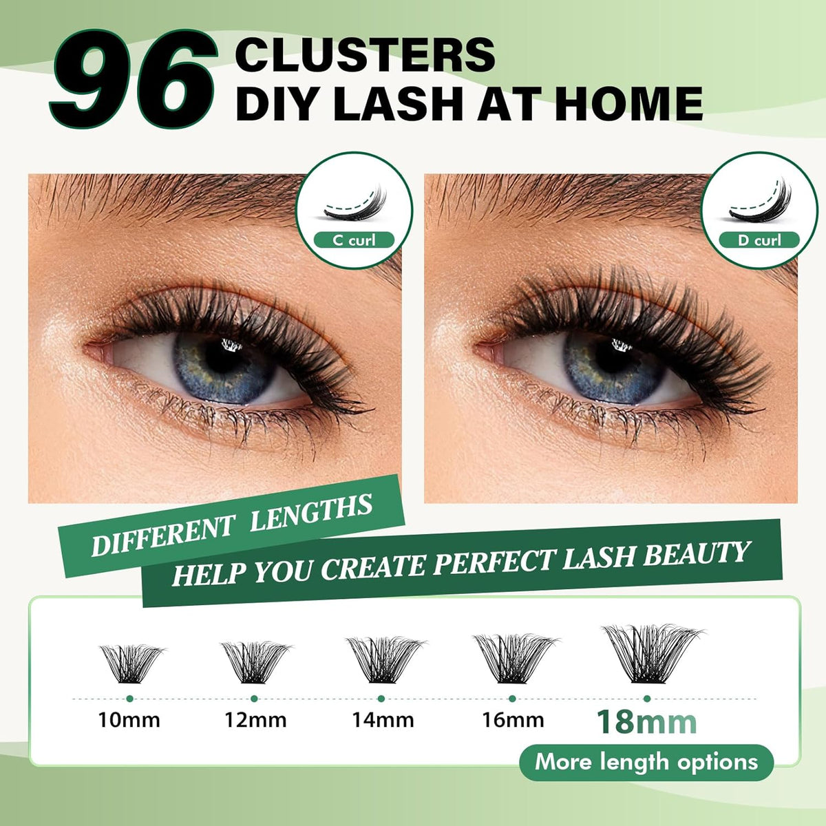 Lash Clusters 96pcs Individual Lashes D Curl 16mm Eyelash Clusters KEYYOU Volume Wispy Lash