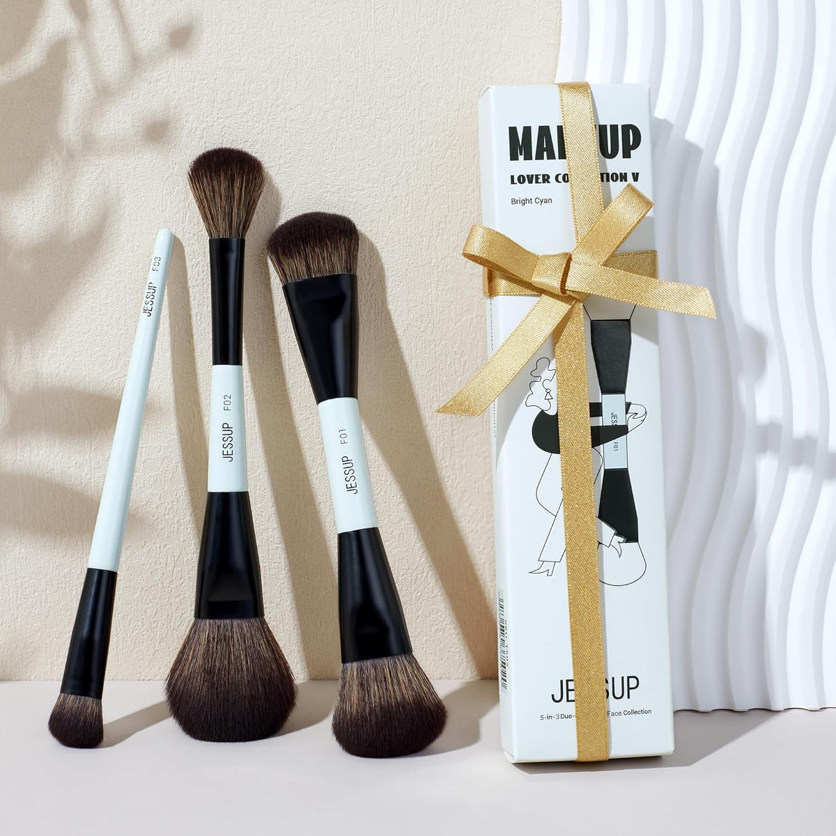 Jessup Face Makeup Brushes Blue 3pcs Double Ended Makeup Brush for Foundation Contour Blush