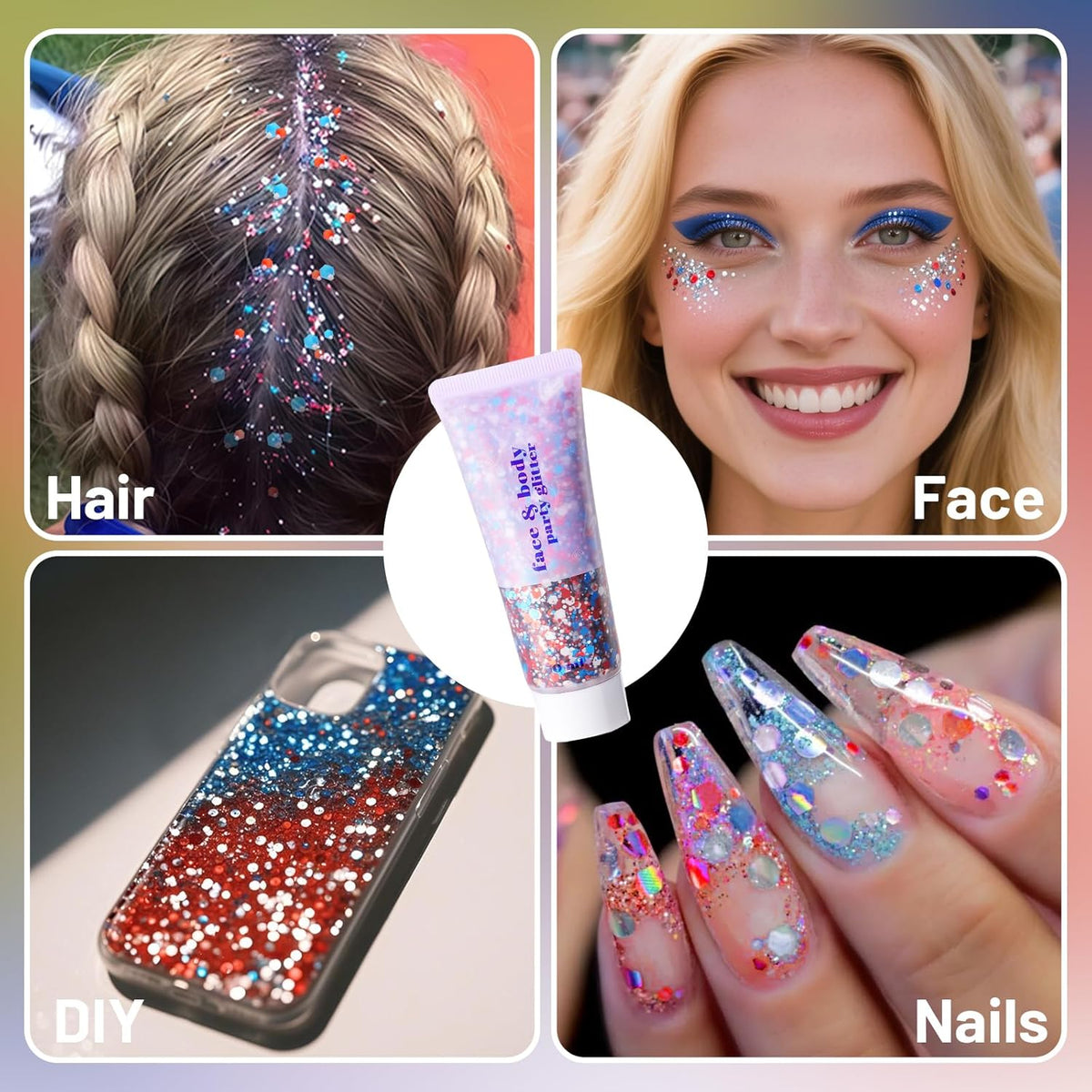 DAGEDA Red White Blue Body Glitter, 4th of July Outfits Accessories for Women, USA Flag Face
