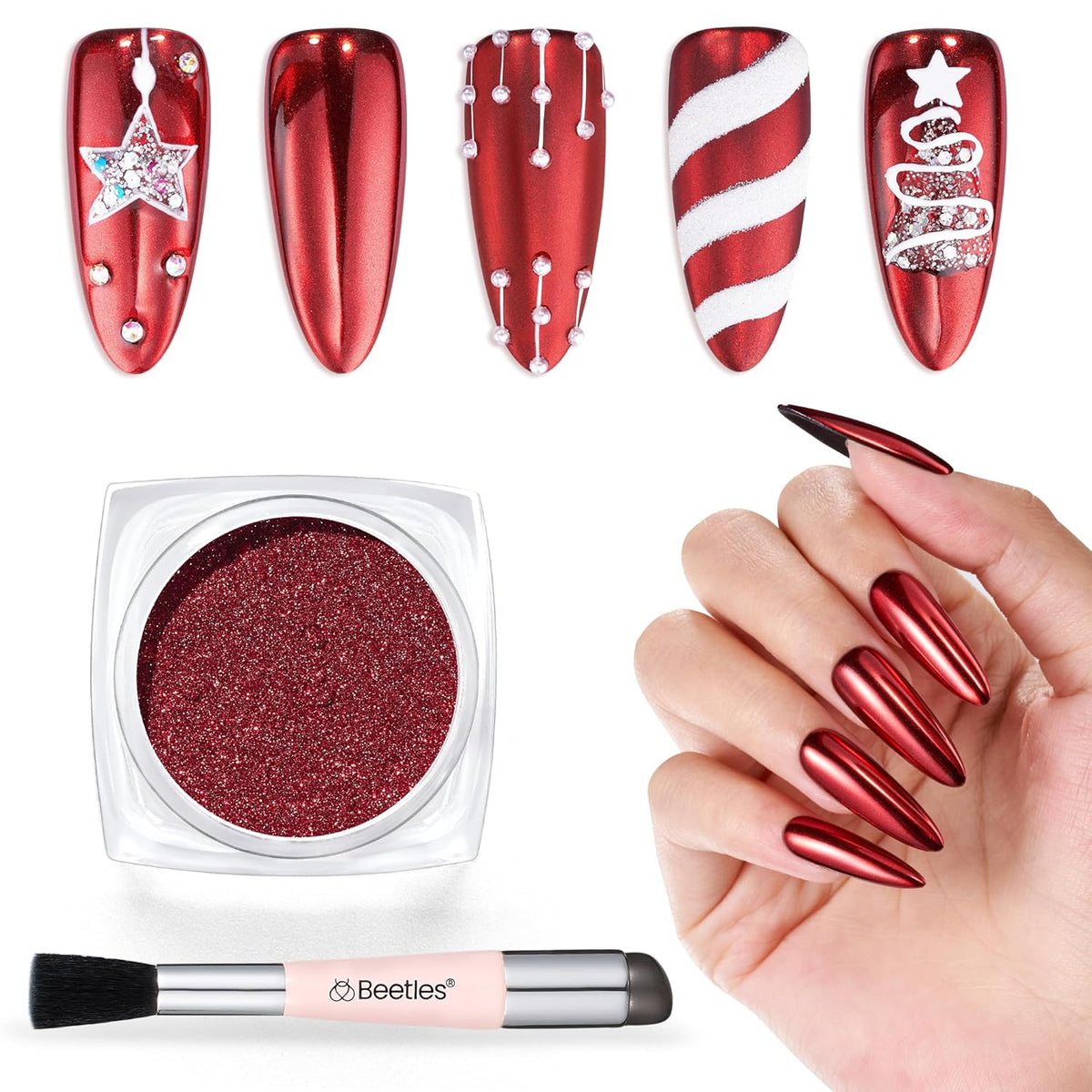 Beetles Red Chrome Nail Powder Metallic Mirror Effect Nail Chrome Powder Mermaid Glitter Red Gel