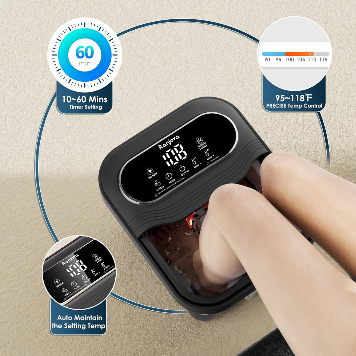 Collapsible Foot Spa Electric Rotary Massage, Foot Bath with Heat, Bubble,Temp Control, and 24