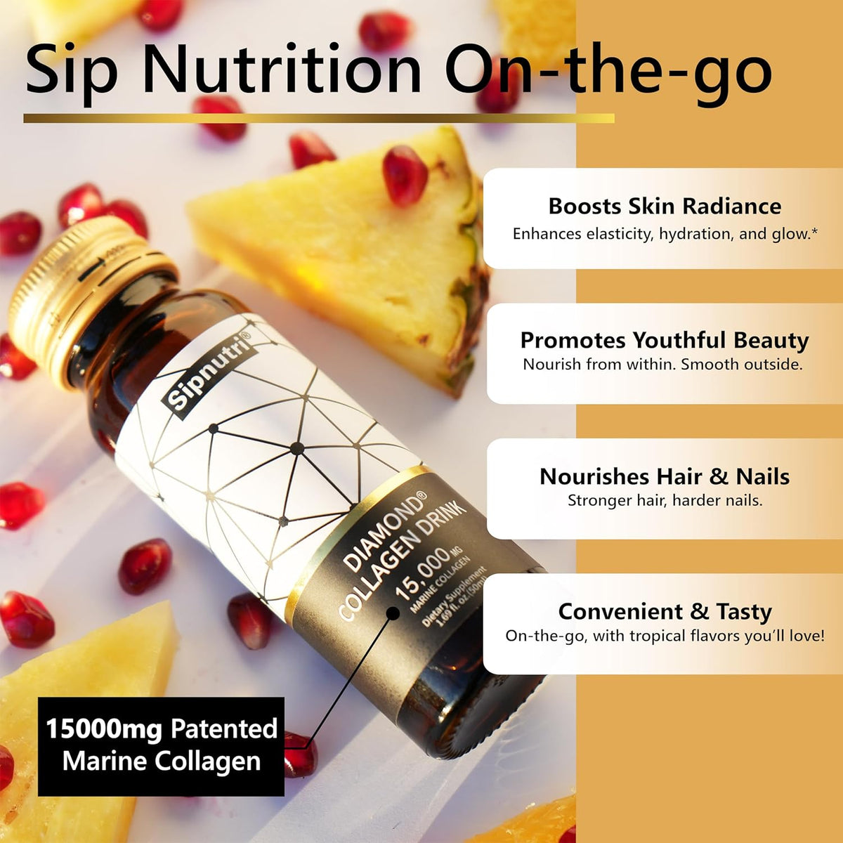 Diamond Liquid Collagen Drink, 15000 mg Hydrolyzed Marine Collagen Peptides with Vitamin C