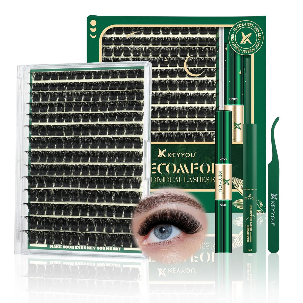 KEYYOU Lash Clusters Kit 182pcs Thick Volume Lash clusters 200D D Curl Wispy Easy to Apply with