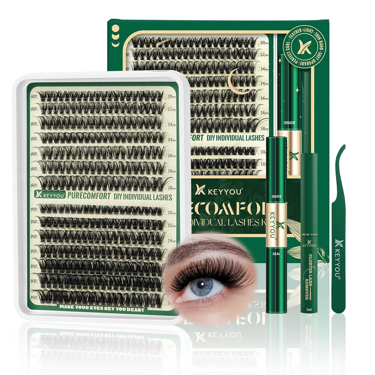 KEYYOU DIY Lash Extension Kit 280pcs Soft Lash Clusters 60D+80D D Curl Easy to Apply with Lash Bond