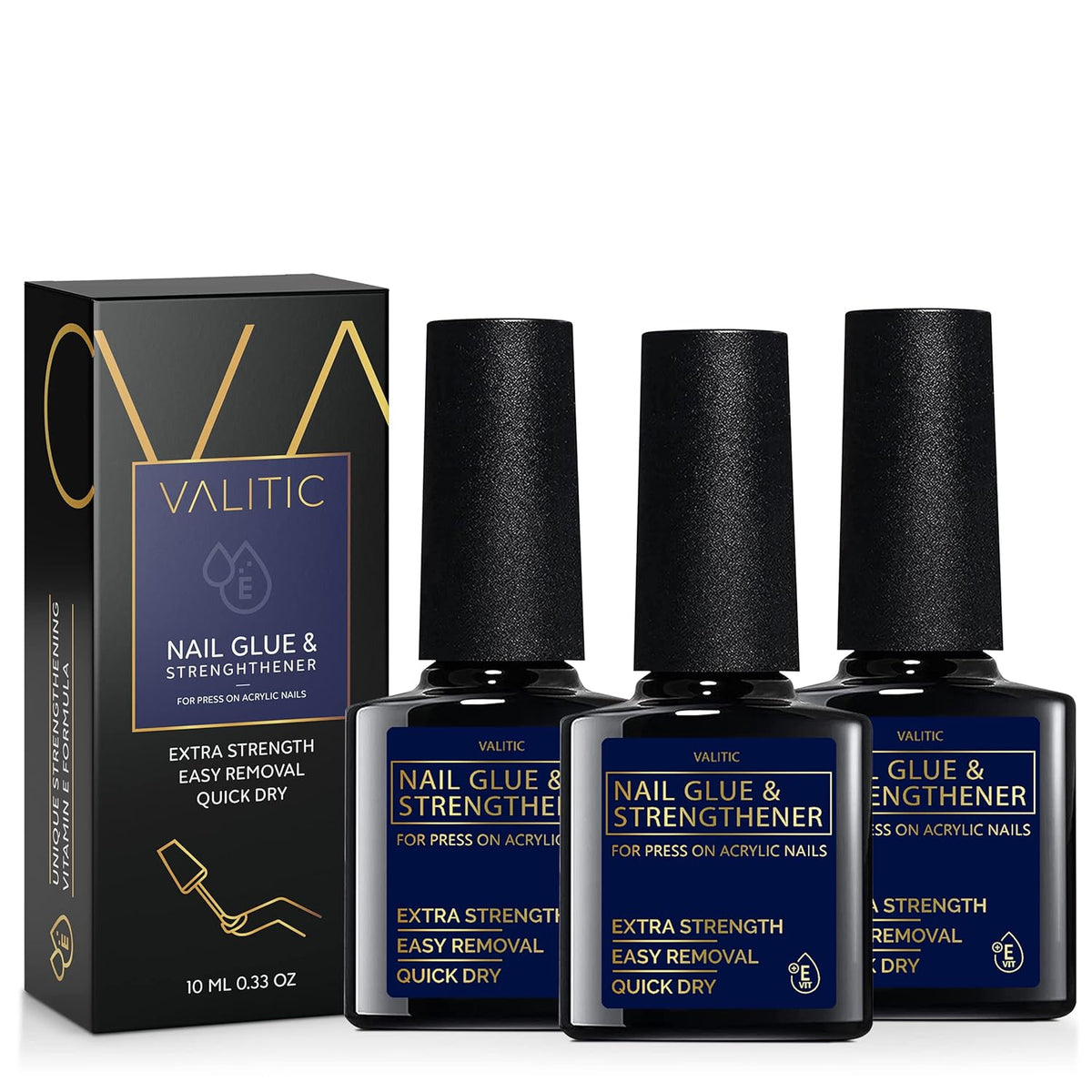 Valitic Strong Nail Glue and Strengthener for Acrylic and Press On Nails - Quick Dry Brush On Gel