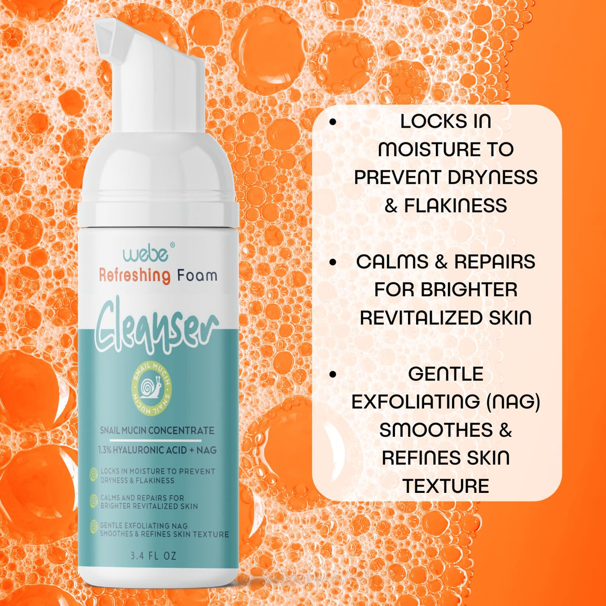 WEBE Refreshing Gentle Foam Cleanser | Snail Mucin, Hyaluronic Acid, N-Acetyl Glucosamine |