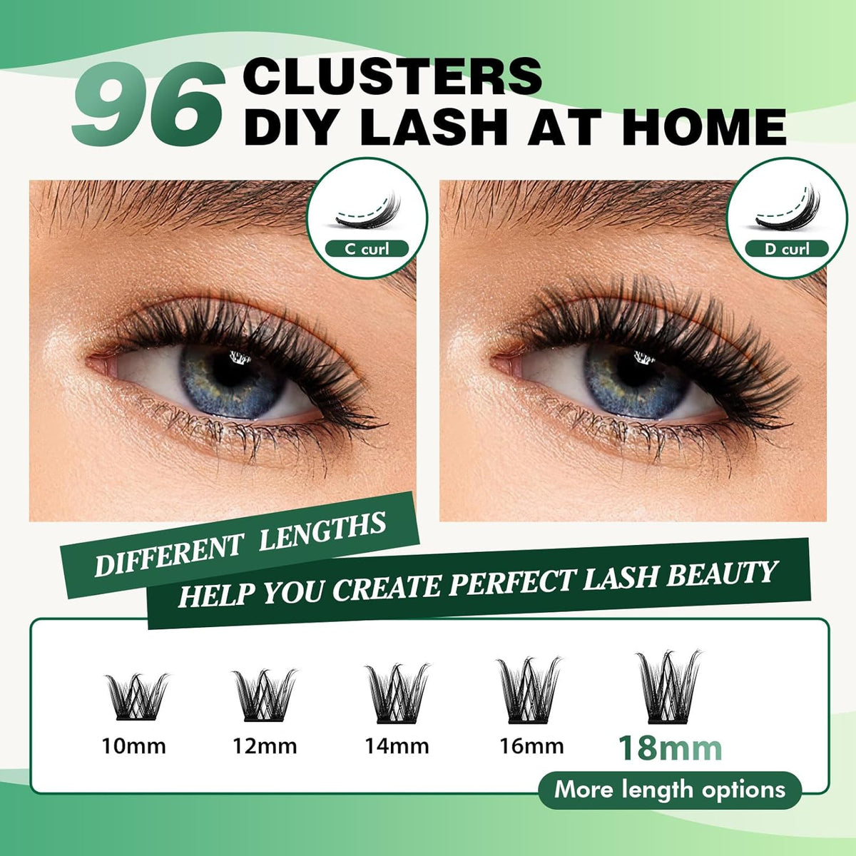 Lash Clusters,96 Pcs Cluster Lashes D Curl 10-18MIX DIY Lash Extensions Eyelash Clusters,KEYYOU
