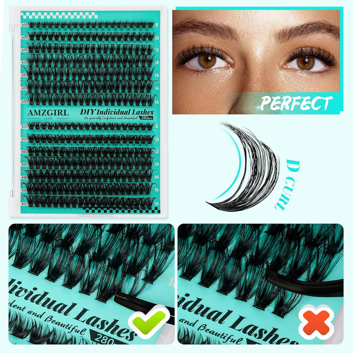 Lash Extension Kit 280Pcs,60D 80D Individual Lashes Clusters Kit,Lash Bond And Seal,Lash Remover