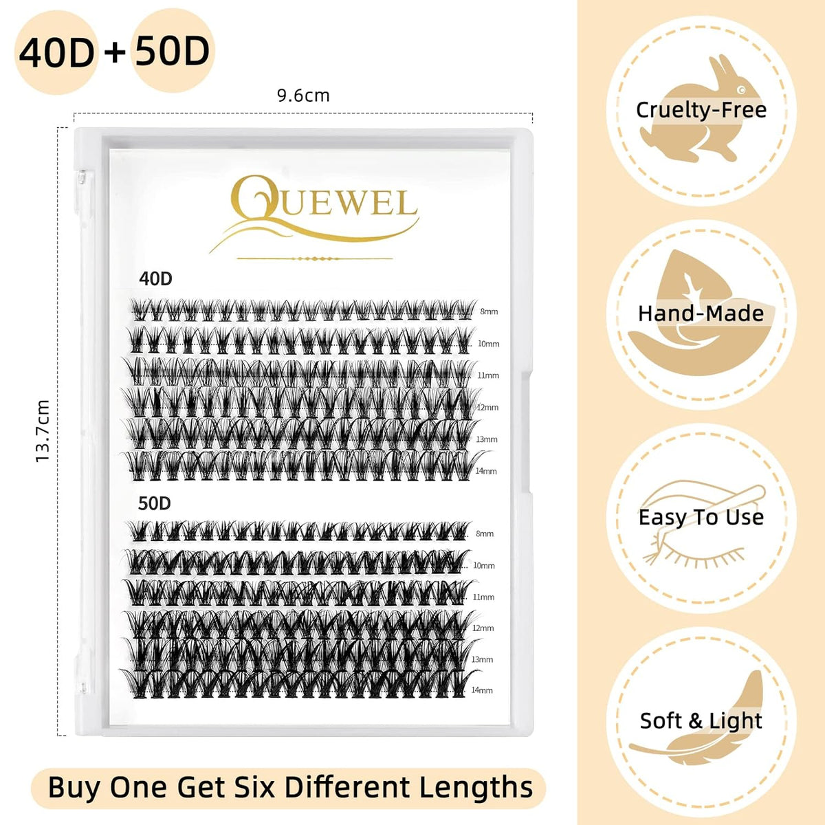 QUEWEL Lash Clusters 240Pcs Individual Lashes 40D+50D D Curl 8-14mm Length DIY Lash Extension Soft