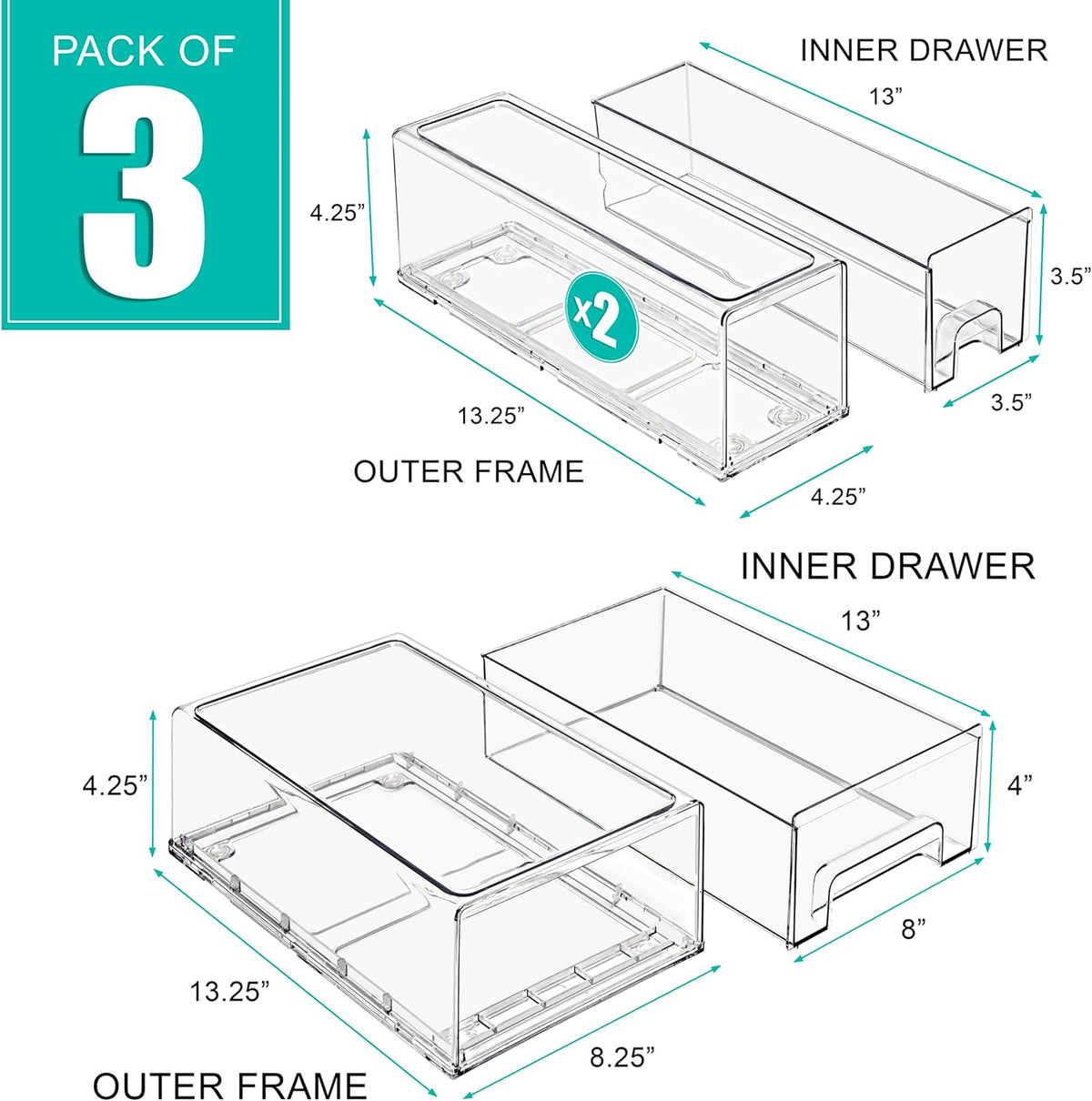 Sorbus 1 Medium & 2 Small Clear Stackable Storage Drawers – Plastic Organizer Bins with Handles