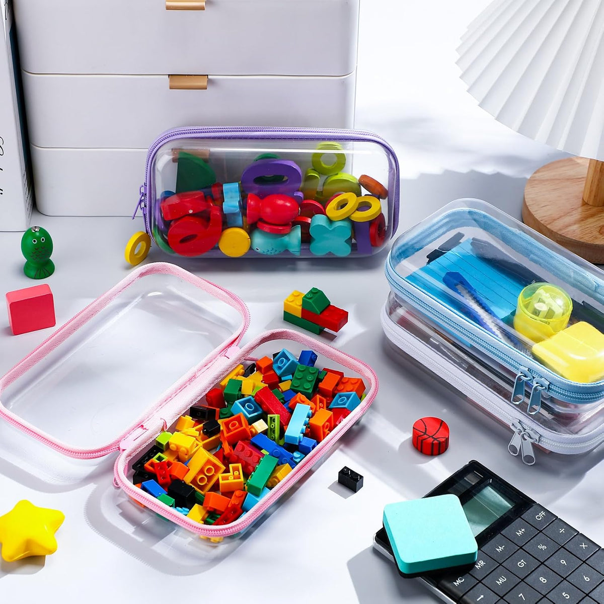 Hoolerry 4 Pcs Hard Clear Zipper Case Makeup Bags Plastic Pencil Pouch Transparent Storage Box