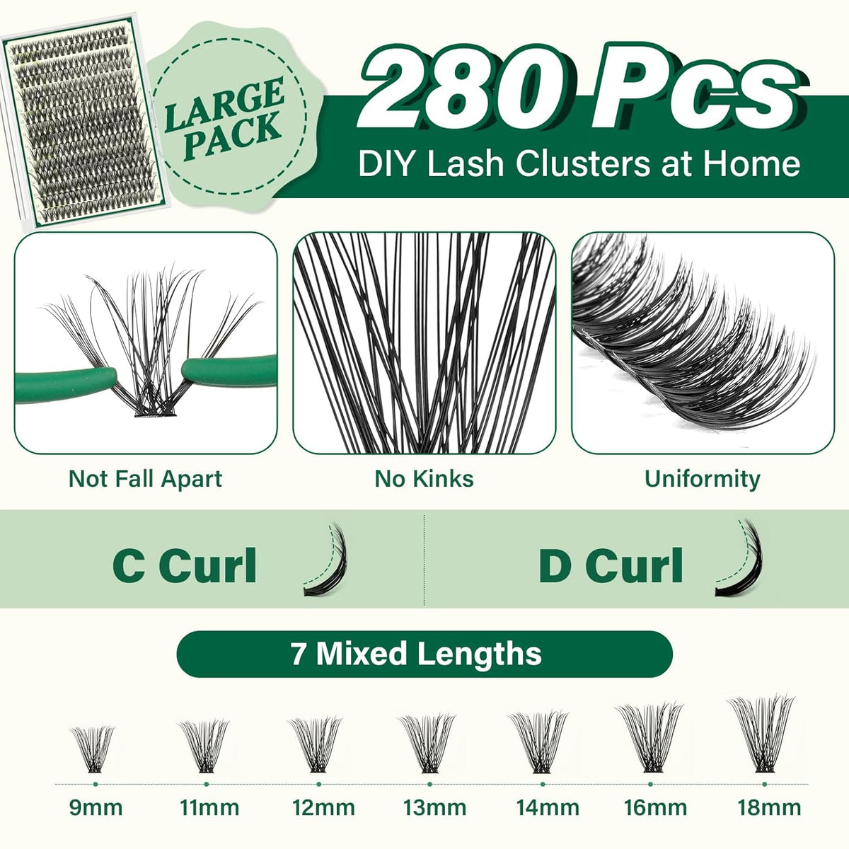 KEYYOU Lash Extension Kit DIY 300Pcs Lash Clusters Eyelash Extension Kit 50D D Curl 9-18MIX Lash