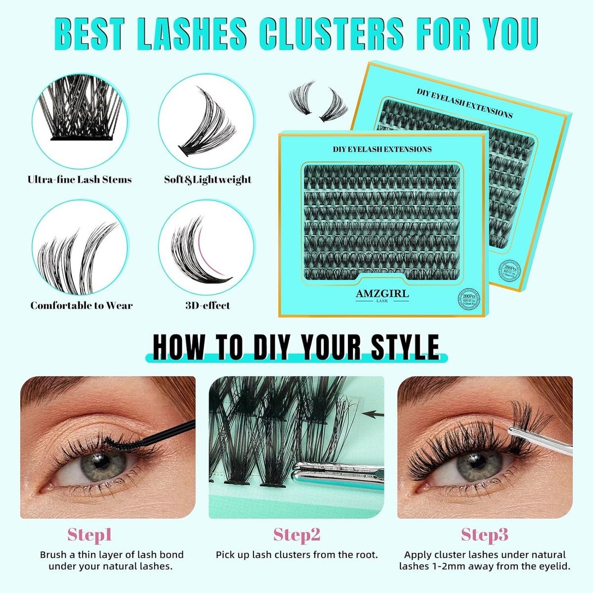 Lash Extension Kit 200PCS Lash Clusters Mix Eyelash Extension Kit with Waterproof Lash Bond and
