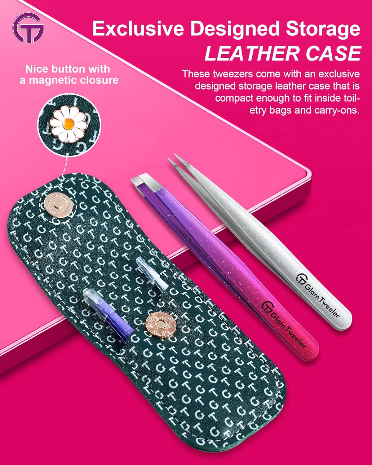 Expert Slant and Point Tip Tweezer Set with Exclusive Storage & Carrying Case, GlamTweeler Sharp &