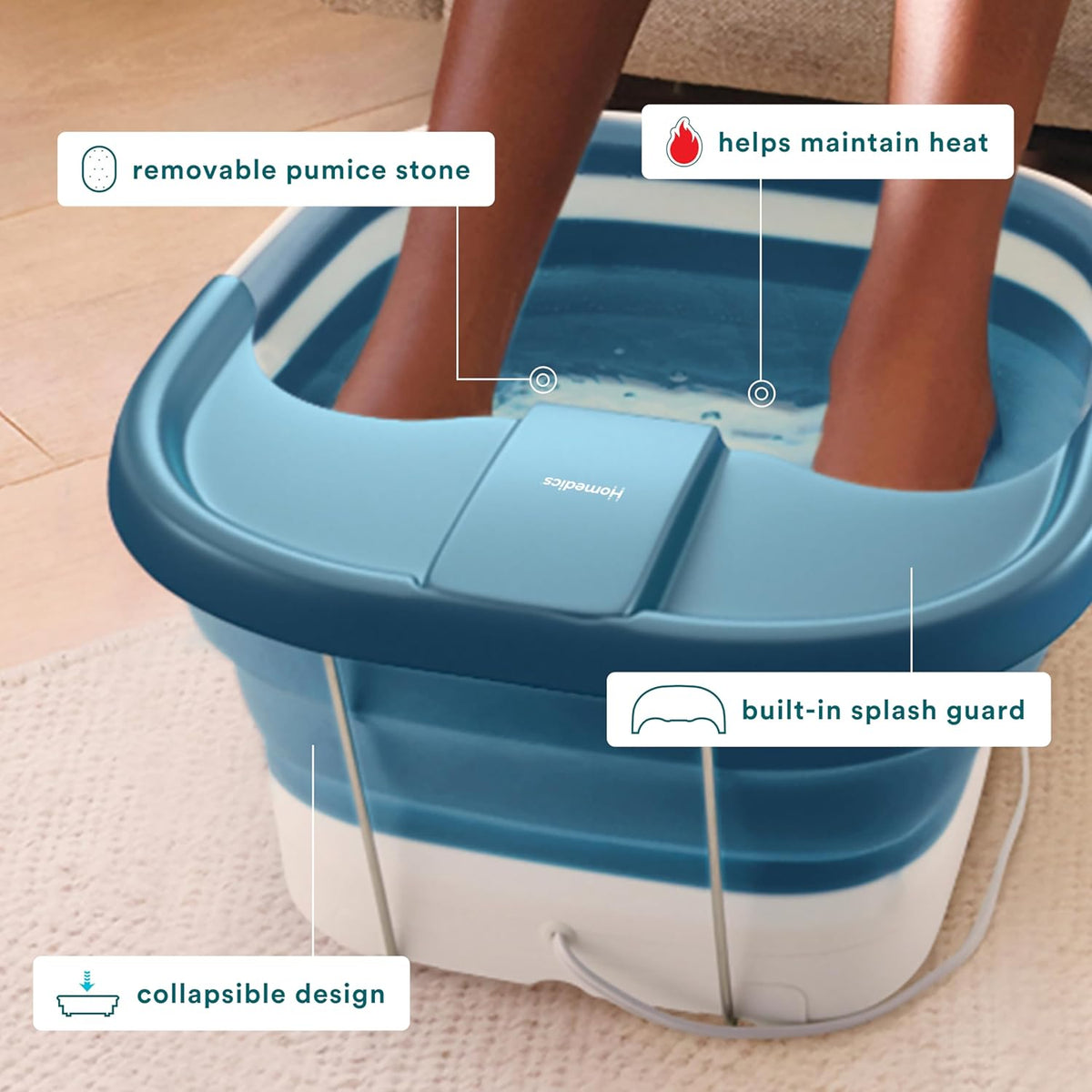 Homedics Smart Space Bubble Mate Collapsible Foot Spa, Heat-Maintaining, Bubble Massage with Pumice