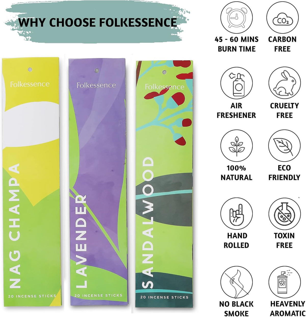 Folkulture Incense Sticks | Set of 6 (120 Non Toxic Insence-Sticks) with 45 Mins Burn Time |