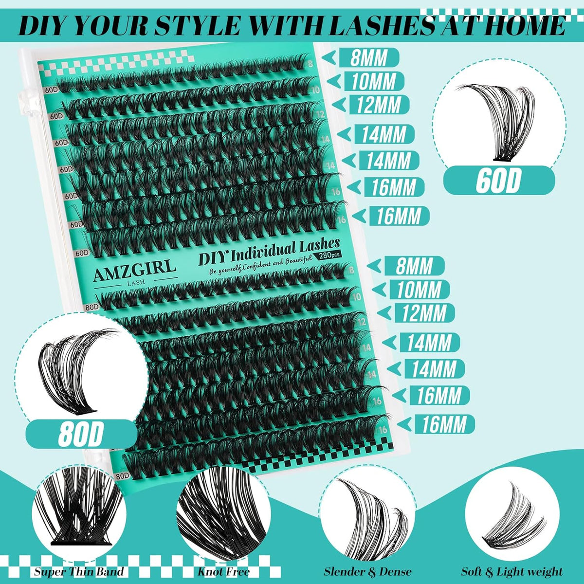 Lash Extension Kit 280Pcs,60D 80D Individual Lashes Clusters Kit,Lash Bond And Seal,Lash Remover
