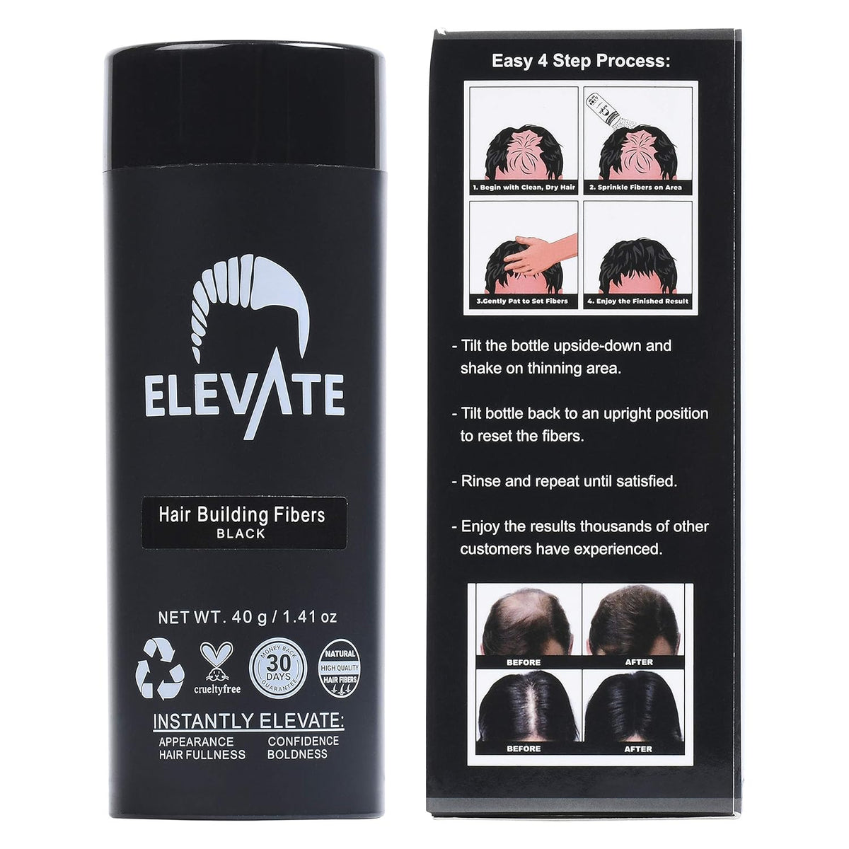 ELEVATE Hair Fibers for Thinning Hair Large Size 40g Bottle - 100% Natural Undetectable Keratin