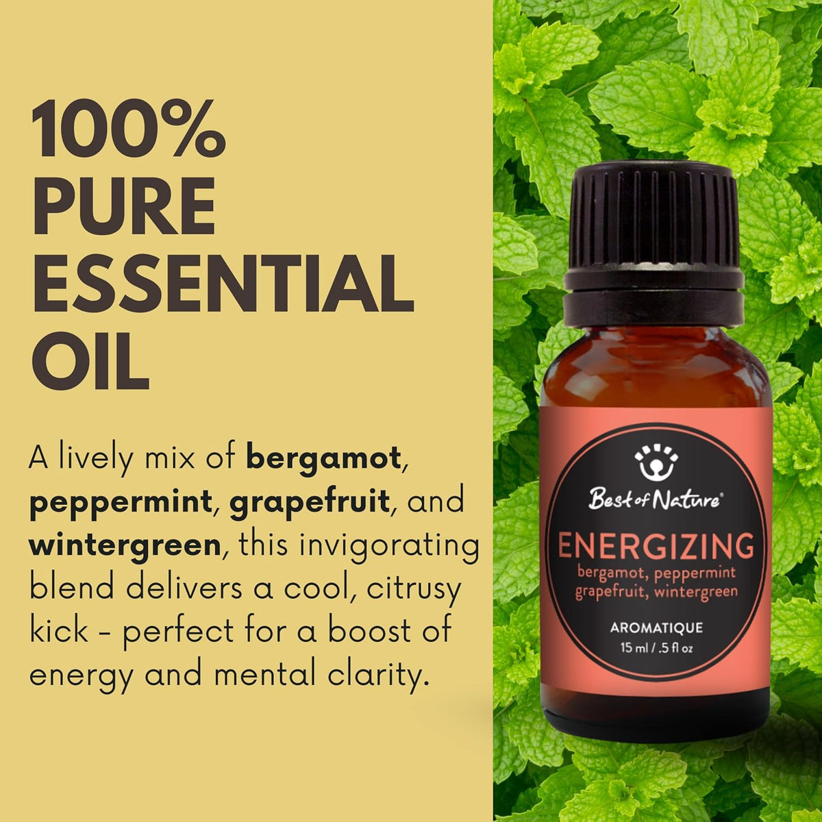 Energizing Essential Oil Blend – Peppermint, Bergamot, Grapefruit & Wintergreen – 100% Pure for