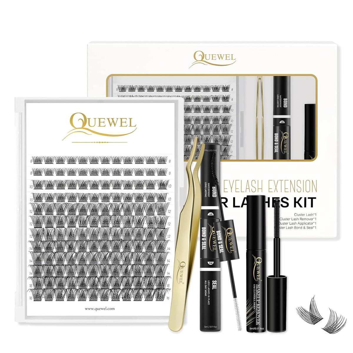 QUEWEL DIY Eyelash Extensions Kit, 144 Pcs Lash Clusters, Cluster Eyelashes Applicator Tool, Super