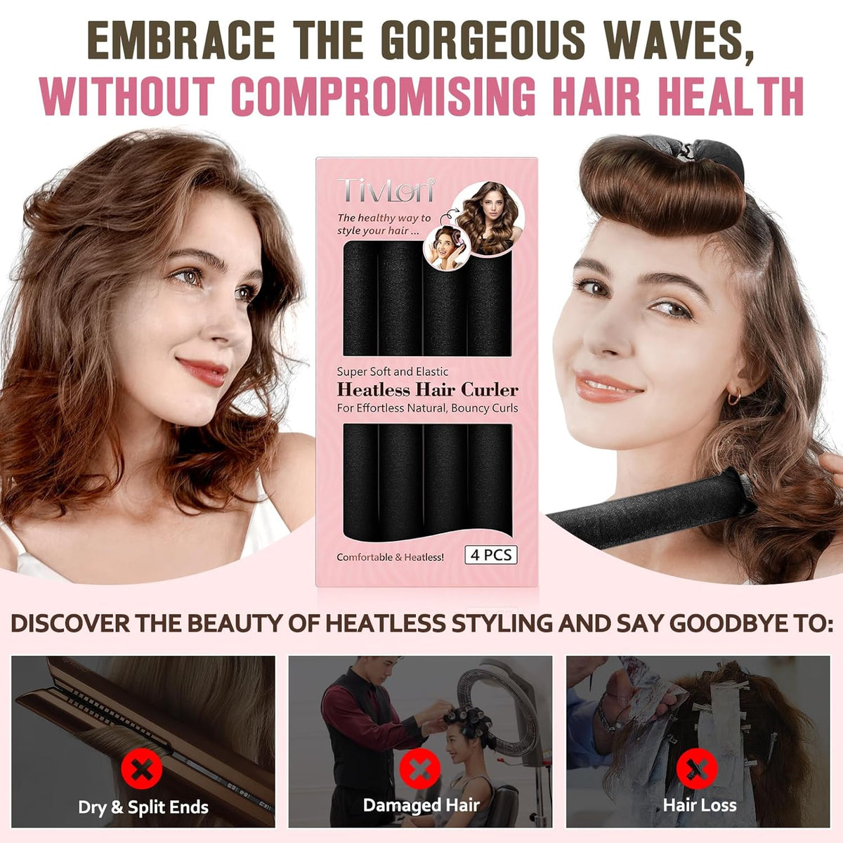 Heatless Curls Overnight, 4 Pcs No Heat Curling Blowout Rod, Satin Blowout Look Heatless Hair