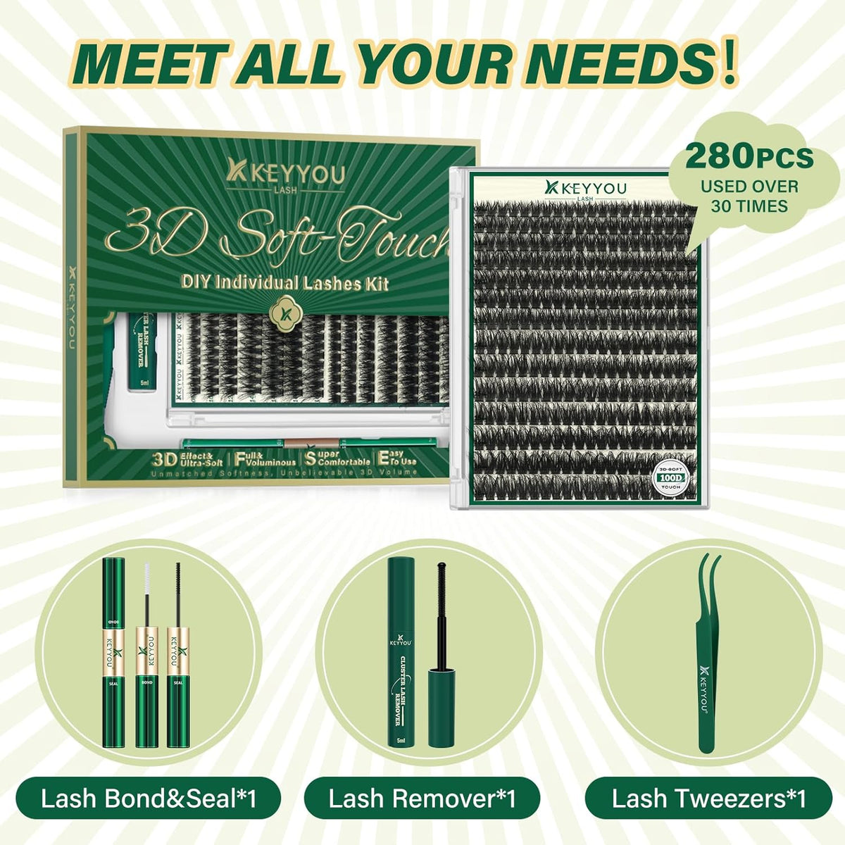 Clusters Kit 3D Effect Eyelash Clusters Kit 280pcs 100D D Curl 9-18MIX Individual Lashes Wispy