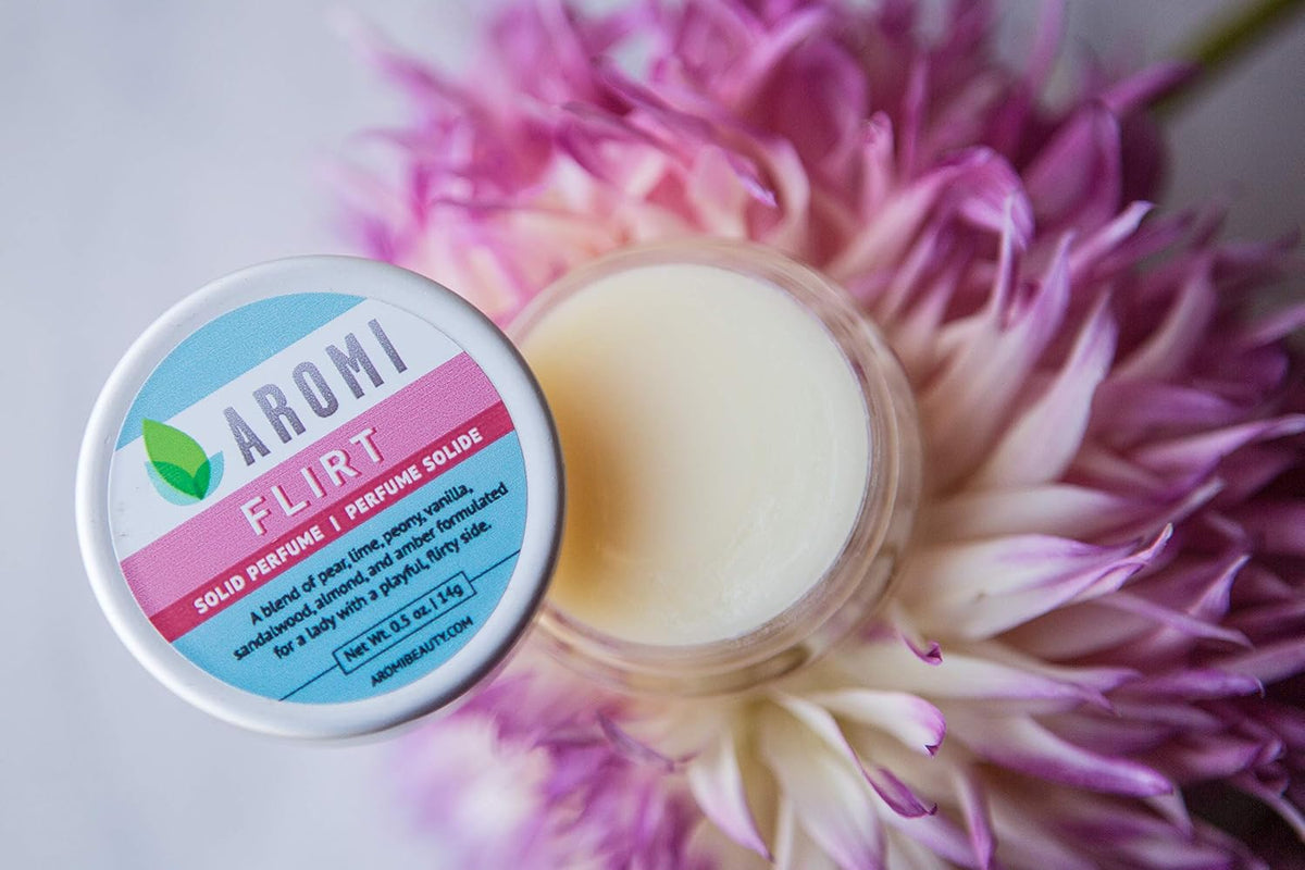 Aromi Flirt Solid Perfume | Floral, Woodsy Fragrance, Vegan, Cruelty-free, Almond, Peony, Vanilla