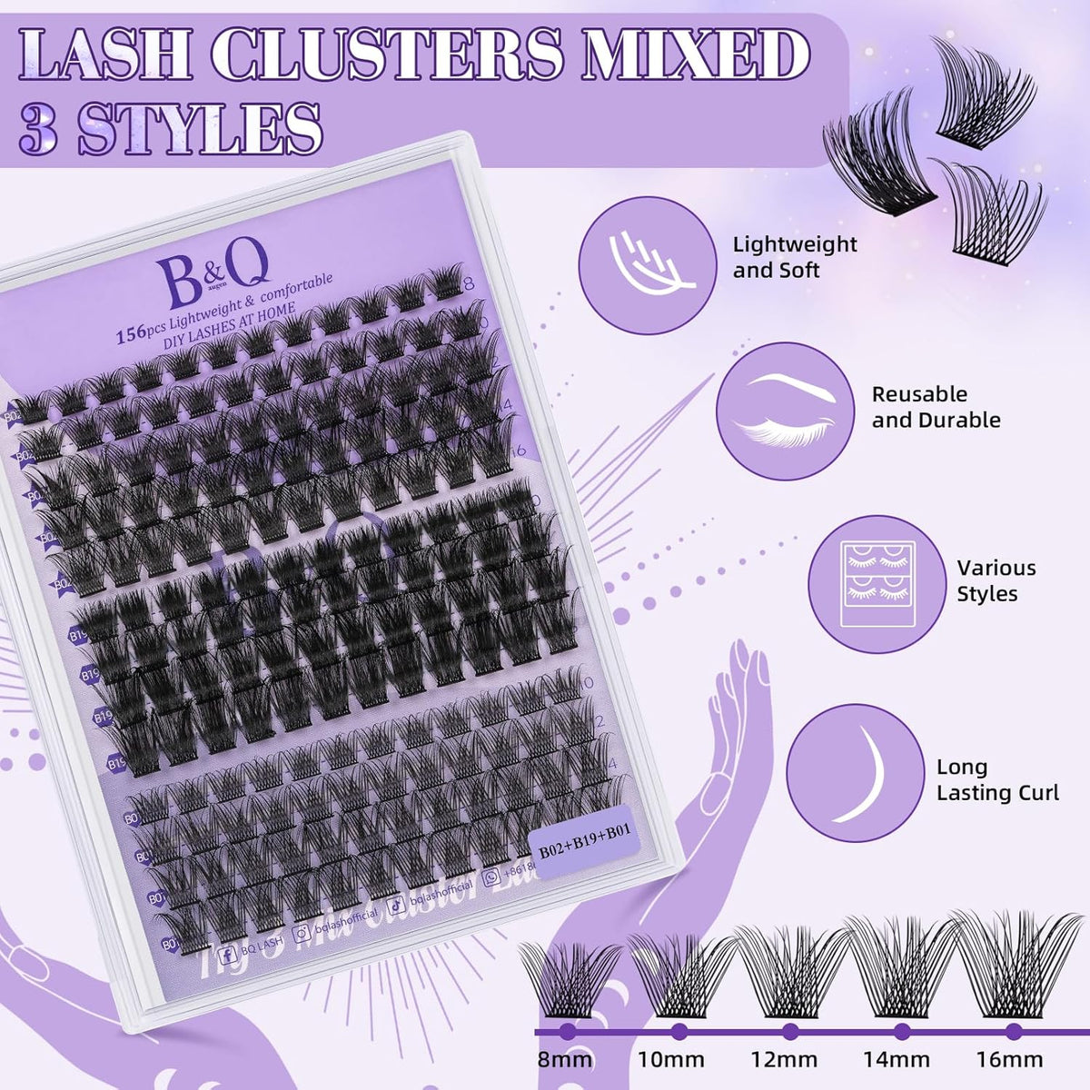 B&Qaugen Lash Clusters 156PCS Lash Clusters Kit B01+B02+B19 DIY Lash Extension Kit Eyelash