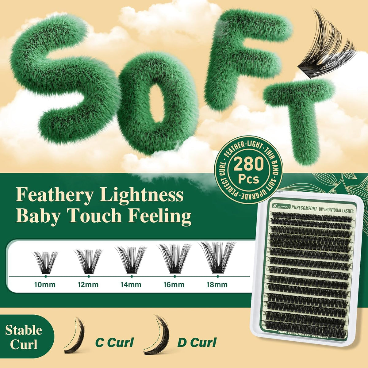 KEYYOU DIY Lash Extension Kit - 280pcs Soft Clusters - 100D Curl - Easy to Apply with Bond, Seal &