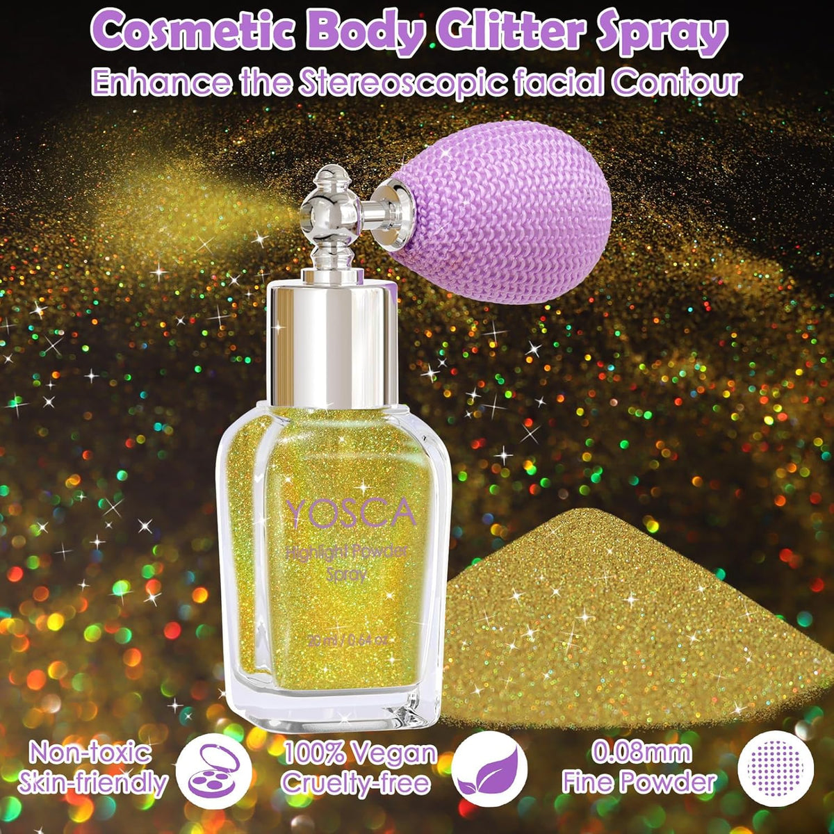 Yosca Body Glitter Spray, 30ML Loose Laser Body Shimmer Powder Holographic Hair Spray Gold Glitter