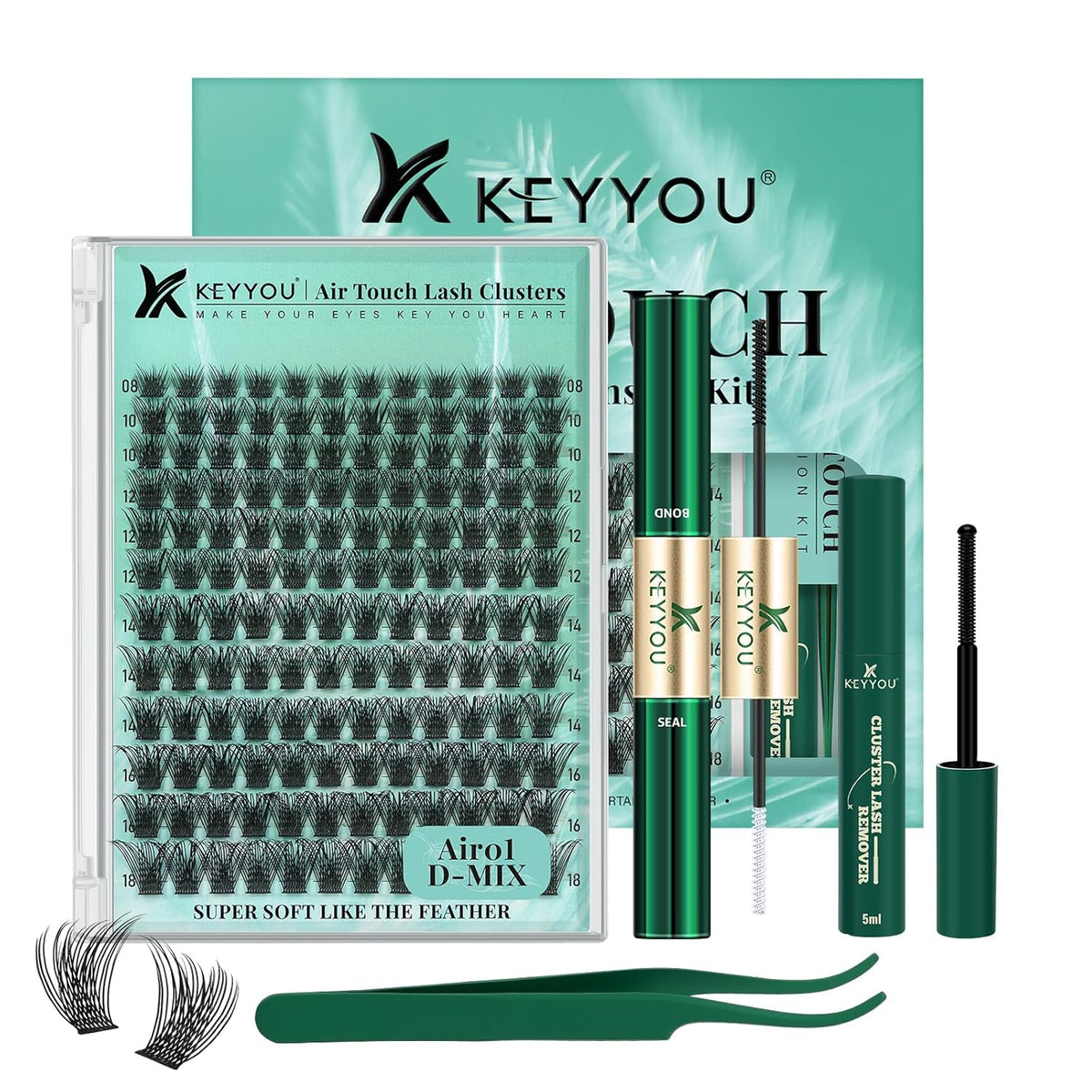 KEYYOU Lash Extension Kit 144pcs Air Touch Lash Clusters with Bond and Seal Lash Applicator Remover