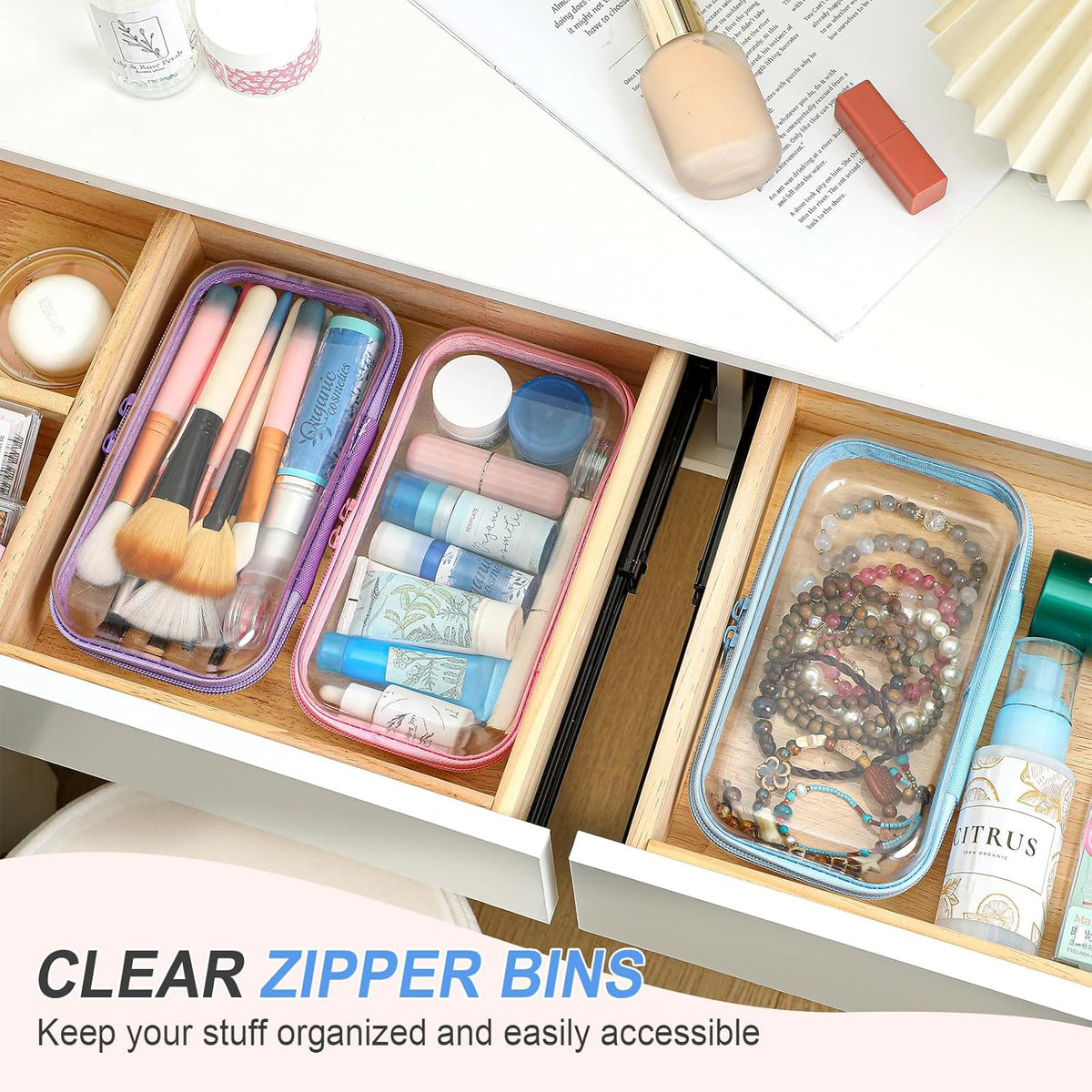 Hoolerry 3 Pcs Clear Hard Zipper Case Plastic Pouch Transparent Hard Case Clear Makeup Bag Portable