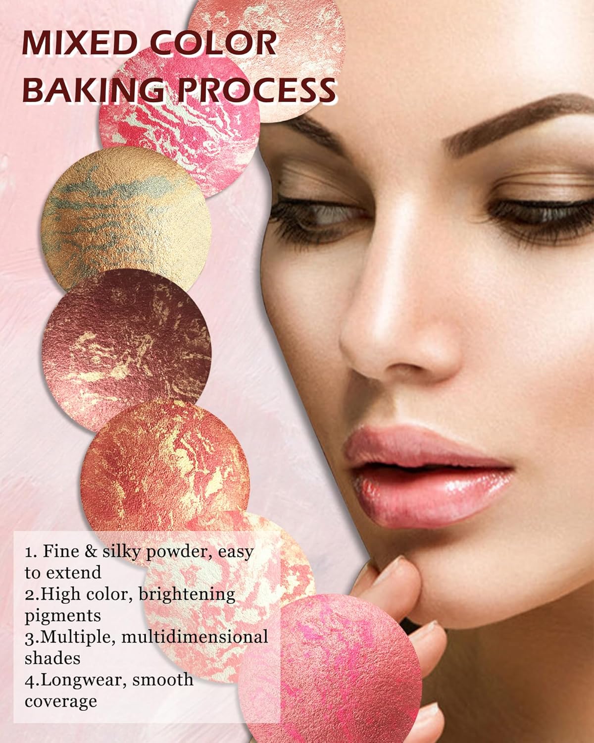 Baked Blush,Glow Marbleized Blush Powder Palette,Lightweight Shimmery Cruelty-Free Blusher for