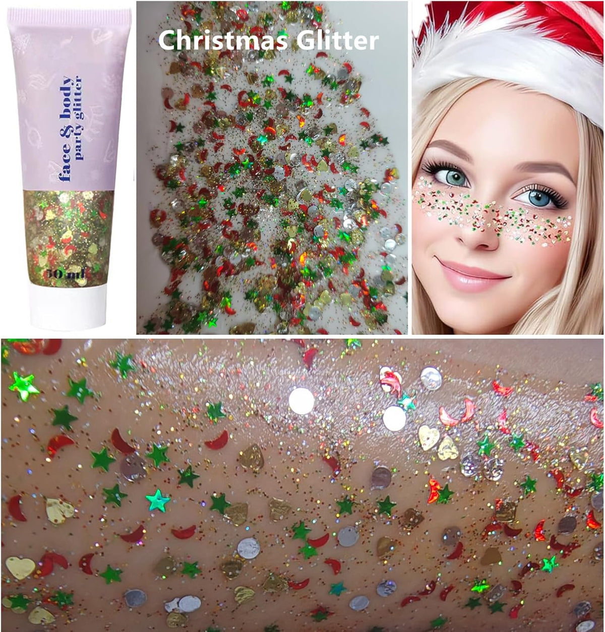 Go Ho Christmas Body Hair Face Glitter Gel,Christmas Glitters Face Paint,Holographic Colorful