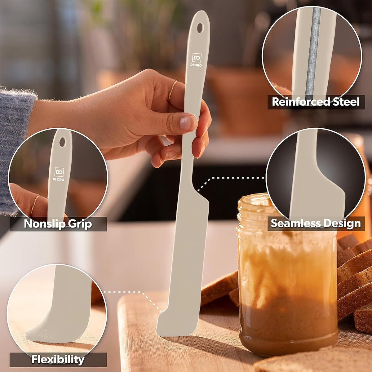 DI ORO Silicone Jar Spatulas for Scraping - Rubber Spatulas Silicone Heat Resistant - Kitchen