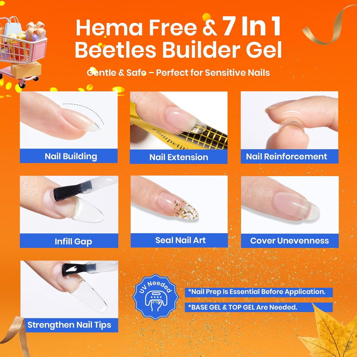 Beetles Builder Gel for Nails HEMA-Free,2 Colors 7 in 1 Clear & Nude Strengthener Gel for Building