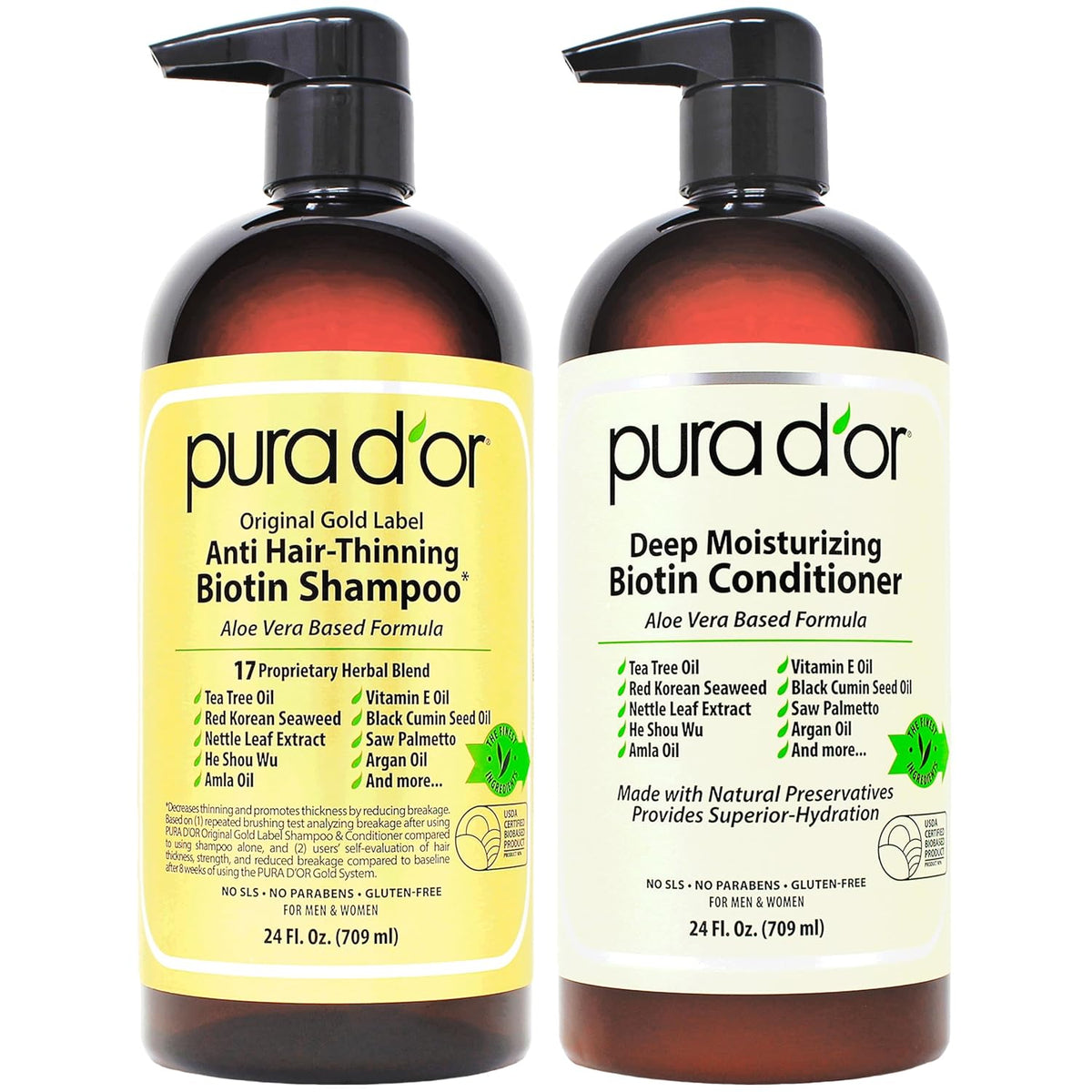 PURA D'OR Anti-Thinning Biotin Shampoo & Deep Moisturizing Conditioner Original Gold Label Set