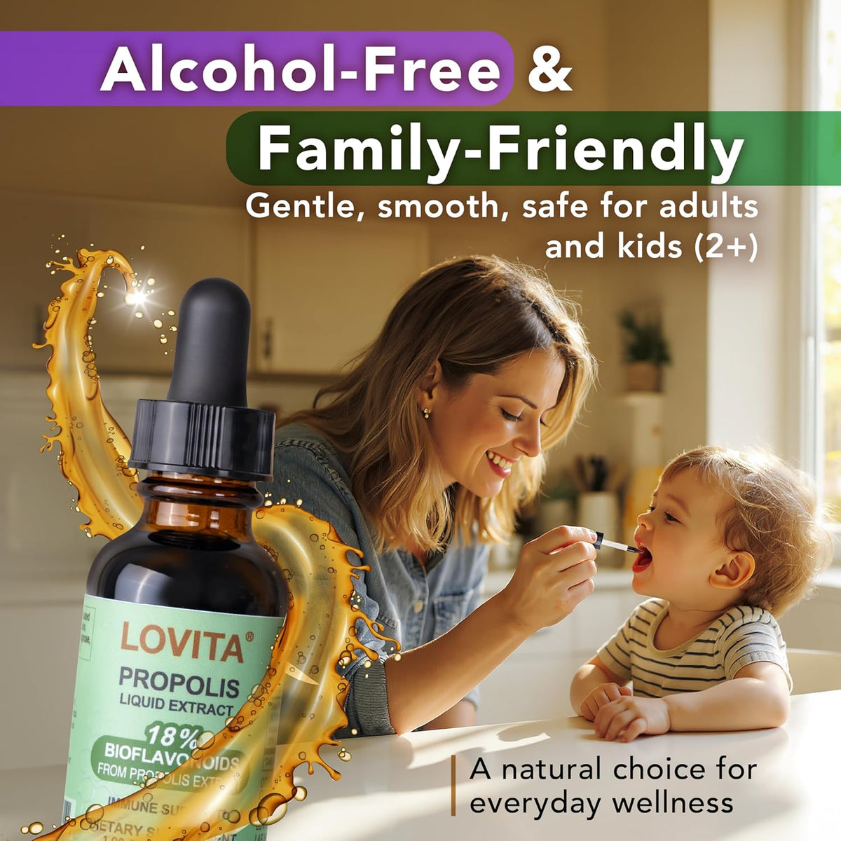 Lovita Bee Propolis Liquid Extract 500mg, 5:1 Resin Drops with 18% Bioflavonoids, Alcohol-Free