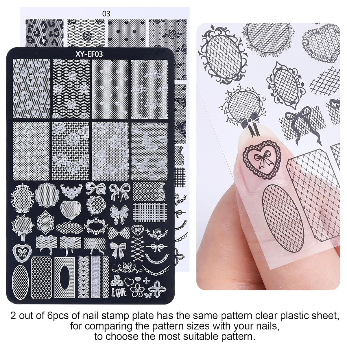 6pcs Lace Flower Design Nail Stamping Plate Kit With French Tip Nail Stamper Kit Ribbon Bow Knot