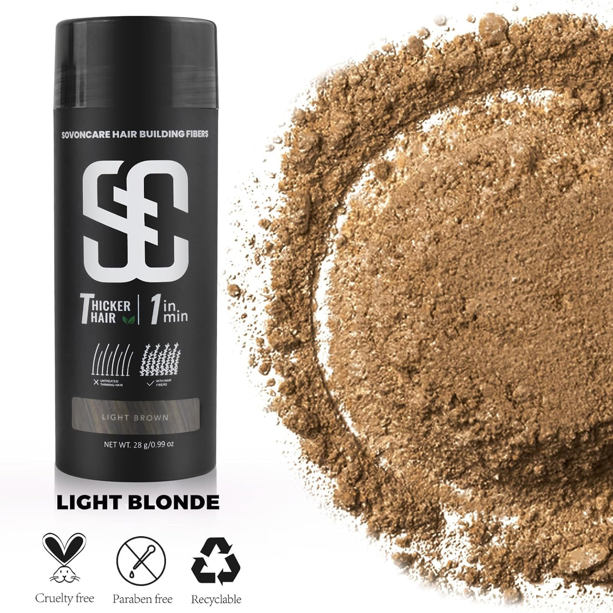 SOVONCARE Hair Fibers for Thinning Hair Light Brown, Hair Building Fibers for Bald Spots
