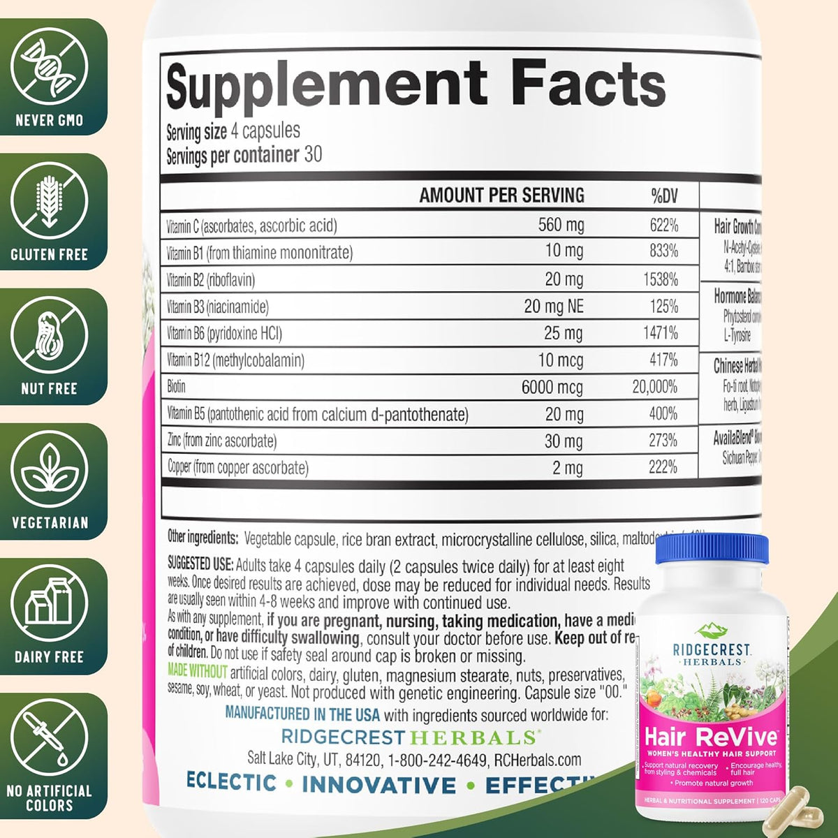 RidgeCrest Herbals Hair ReVive, Nutritional Hair Supplement with Vitamin C, Biotin (6000mcg), Zinc